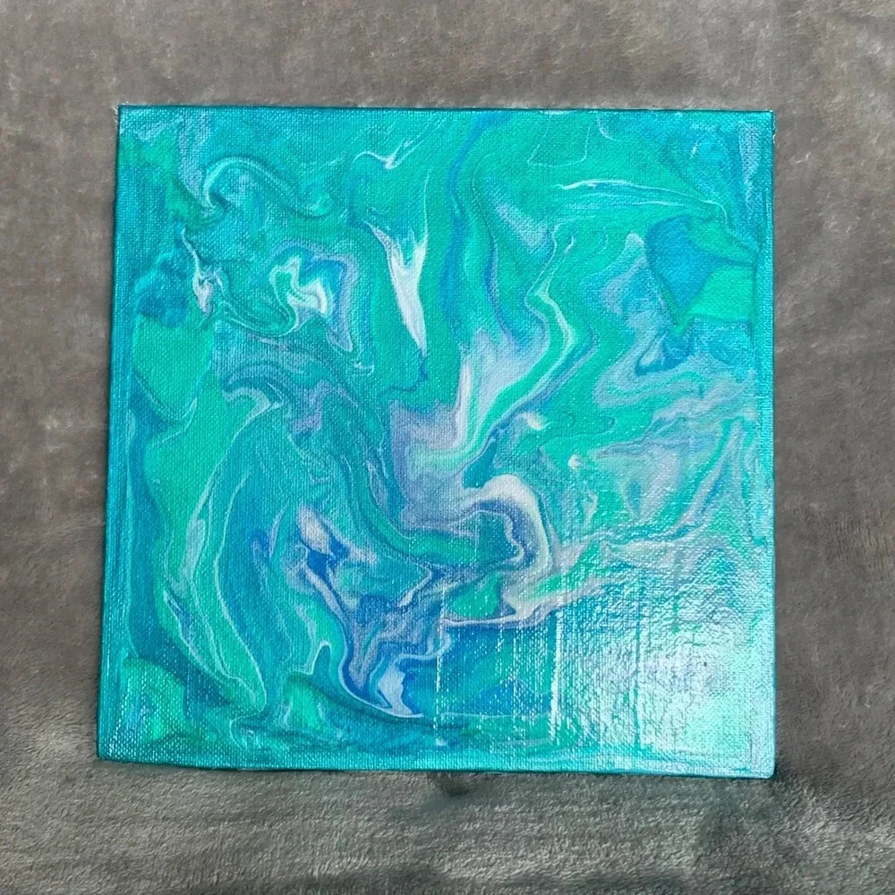 Teal, Blue, White and Green Paint Pour - 8”x8” canvas board - Picture 2 of 8